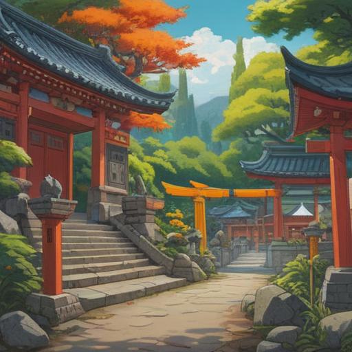 A serene illustration of Higashi Kayo Shrine, depicting its spiritual essence, lush greenery surrounding the shrine, Torii gate symbolizing transition, soft morning light filtering through the trees, peaceful atmosphere, traditional Japanese architecture, red and white color scheme, intricate details in the shrine's carvings, inviting aura, 4k