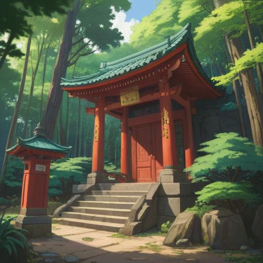 A serene illustration of Toukan Shrine, lush greenery surrounding the shrine, gentle sunlight filtering through the trees, a tranquil atmosphere, visitors meditating and reflecting, spiritual symbols subtly integrated into the scenery, vibrant red torii gate, soft flowing stream nearby, dreamlike quality, 4k