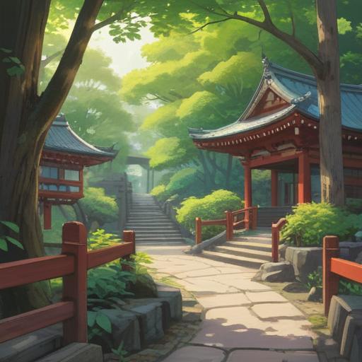 A serene morning scene after visiting Higashikano Shrine, peaceful ambiance, gentle sunlight filtering through trees, a person engaged in mindful meditation, surrounded by nature, blossoms and fresh greenery, a small altar with offerings, tranquil surroundings, capturing the essence of spiritual daily life, harmonious connection with the environment, soft focus details, 4k