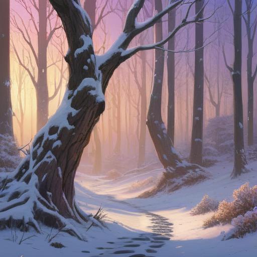 A serene winter landscape, a tranquil forest covered in snow, mystical energy radiating from the ground, symbols of transformation and renewal, soft light filtering through the trees, a gentle snowfall, representation of spiritual awakening, harmonious colors, calm atmosphere, 4k
