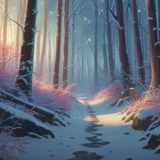 A serene winter landscape, with soft falling snowflakes, a tranquil forest scene, symbolizing spirituality and harmony, glowing light illuminating a path through the trees, subtle spiritual signs like gentle animal footprints in the snow, peaceful atmosphere, inviting tranquility, ethereal essence, 4k