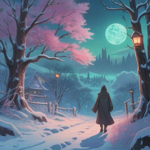 A mystical winter landscape, snow-covered ground, ethereal atmosphere, soft glowing lights, ancient symbols etched in ice, a spirit guide appearing in the background, shimmering frost on trees, subtle signs of spirituality, serene and tranquil feeling, 4k