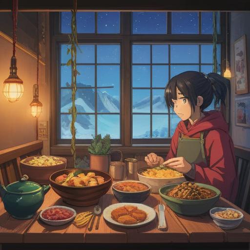 A serene winter landscape, cozy indoor setting, steaming bowls of lucky food, traditional winter dishes on a table, warm lighting, inviting atmosphere, gentle snowfall outside the window, people enjoying a meal together, harmonious vibes, 4k