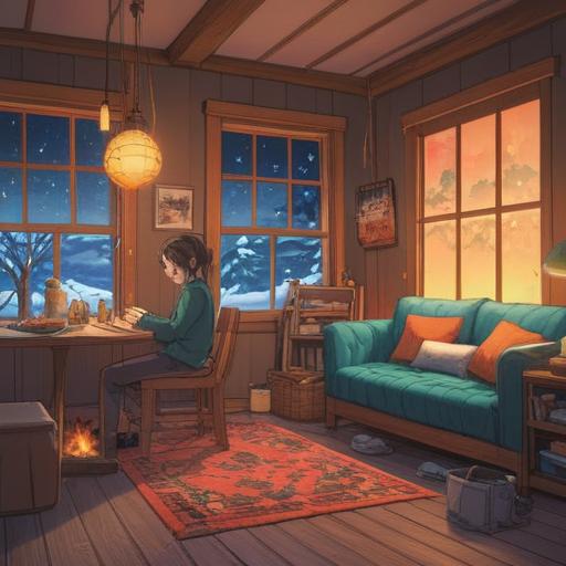 A serene winter landscape, person practicing mindfulness, cozy indoor space with warm lighting, seasonal decor, healthy cooking activities, self-care routines, snow gently falling outside, inspiring quotes on the walls, nurturing atmosphere, harmonious lifestyle, high resolution