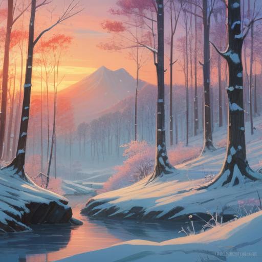 A serene winter solstice scene, ethereal light illuminating a snowy landscape, gentle spirits dancing among the trees, tranquil energy and reflection, sacred symbols in the snow, soft glow from the moon, mystical atmosphere, deep connection with nature, harmony and peace, 4k