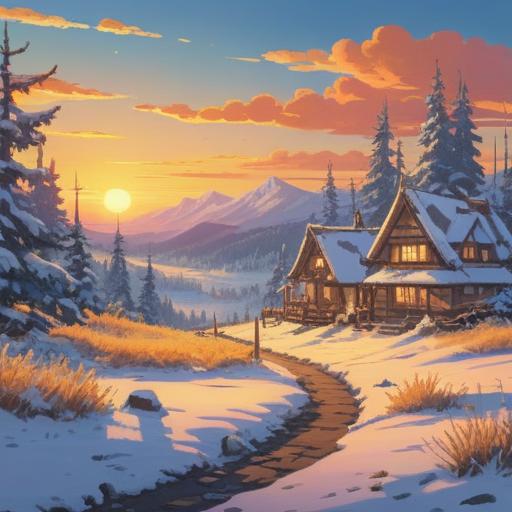 A serene winter landscape, the sun setting low on the horizon, golden rays illuminating the snowy ground, symbols of spirituality like glowing orbs in the air, a figure meditating peacefully, whispering winds carrying messages of hope, soft snowflakes gently falling, a sense of tranquility and renewal, 4k