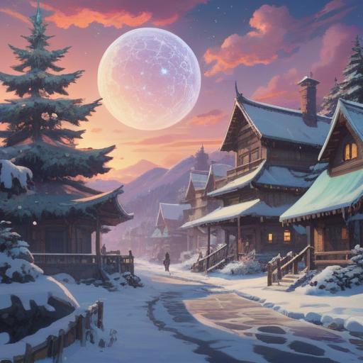 A mystical winter scene, symbolic signs of spirituality, serene nature, gentle snowfall, glowing crystal orbs, ethereal lights in the sky, reflective water surface, deep connection with the universe, a sense of calm and awareness, 4k