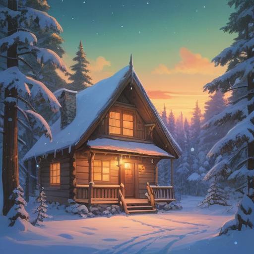 A serene winter solstice scene, calming colors, peaceful setting, soft snowflakes gently falling, warm cozy cabin in the background, illuminated by soft candlelight, people meditating and reflecting, nature’s tranquility, stillness and warmth, inviting atmosphere, 4k