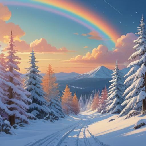 A serene winter landscape, a vibrant rainbow arching across a clear blue sky, snow-covered trees glistening in the sunlight, soft rays illuminating the scene, ethereal atmosphere, symbolic representation of hope and peace, spiritual essence of winter, tranquil reflection on nature’s beauty, 4k