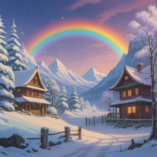 A serene winter scene with a vibrant rainbow arching across a snowy landscape, symbolizing spiritual good fortune, gentle sunlight illuminating the frost, tranquil atmosphere, snow-covered trees glistening with icicles, a sense of hope and positivity, 4k