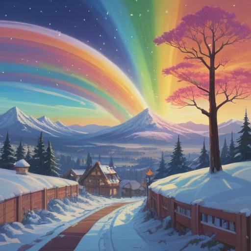 A serene winter landscape, a vivid rainbow arching across a clear sky, subtle sparkle in the air, peaceful ambiance, a figure standing in awe, glimmering snow-covered ground, ethereal light reflecting on icicles, signs of spiritual awakening, lush evergreen trees in the background, 4k