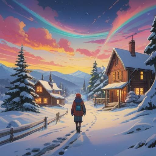 A whimsical winter scene, vibrant rainbow arching across a snowy landscape, playful characters enjoying the magic of winter, lucky motifs like clovers and horseshoes scattered in the snow, cheerful expressions, soft snowflakes falling, serene atmosphere, bright colors, enchanting details, 4k