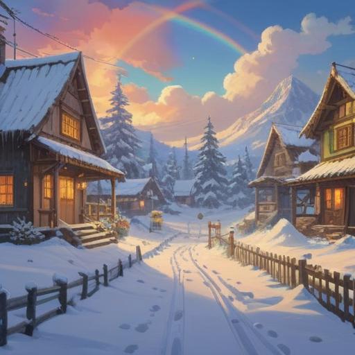 A serene winter scene, a cozy workshop filled with soft, warm light, a rainbow gently arching through a snowy landscape, participants engaging in creative activities, diverse individuals sharing heartfelt moments, snowflakes drifting outside the window, a sense of calm and inspiration, inviting atmosphere, 4k
