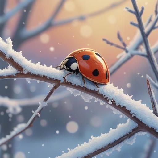 A winter ladybug resting on a snow-covered branch, symbolizing spiritual renewal, delicate snowflakes gently falling around, serene atmosphere, a soft glow emanating from the ladybug, intricate details of the ladybug's patterns, calm and reflective mood, 4k