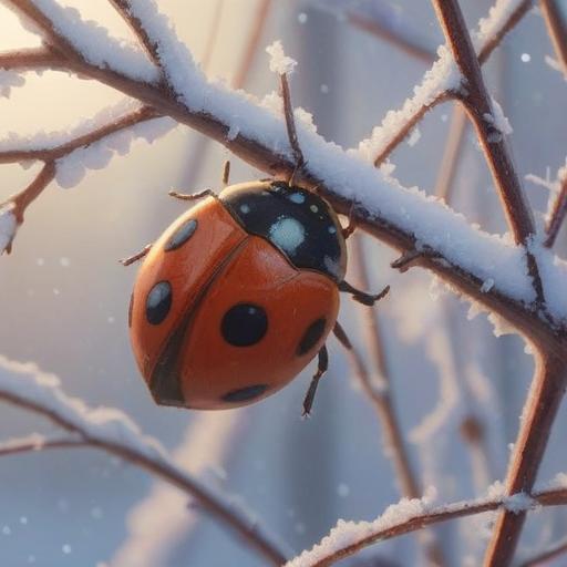 A winter scene featuring a ladybug perched on a snow-covered branch, ethereal glow surrounding it, mystical atmosphere, symbolism of hope and good fortune, delicate snowflakes falling softly, serene landscape with a hint of sunlight breaking through clouds, warm colors contrasting with the cool winter backdrop, 4k
