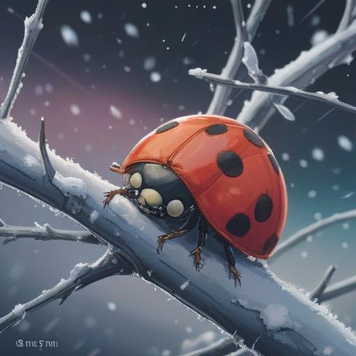 A winter scene featuring a ladybug, a mystical atmosphere, subtle snowflakes falling, an ethereal glow around the ladybug, symbols of spiritual awareness in the backdrop, serene forest setting, soft light illuminating the surroundings, calming colors, nature's tranquility, 4k