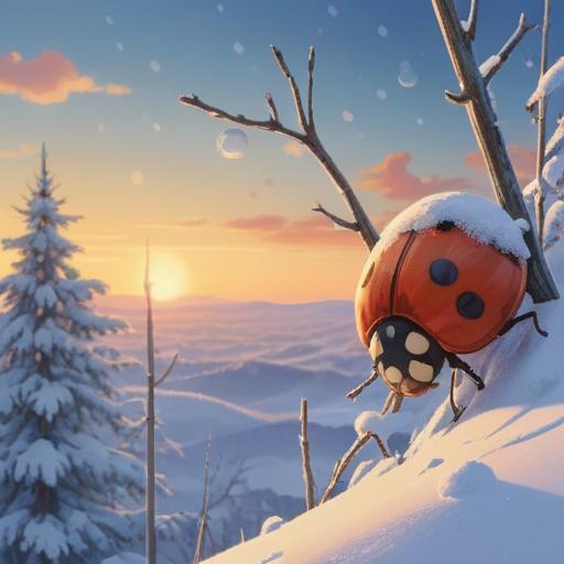 A winter scene featuring a ladybug, gentle snowfall, shimmering icy landscape, warm sunlight breaking through clouds, symbolizing good luck and positivity, delicate details of the ladybug contrasted against the frosty background, serene and magical atmosphere, 4k