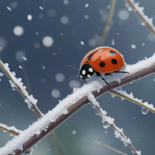 A magical winter scene, a ladybug perched delicately on a snow-covered branch, gentle snowfall in the background, sparkling icicles hanging from tree limbs, a warm glow emanating from a nearby cottage, soft and inviting atmosphere, the essence of hope and messages, vibrant colors contrasting with the serene white snow, 4k