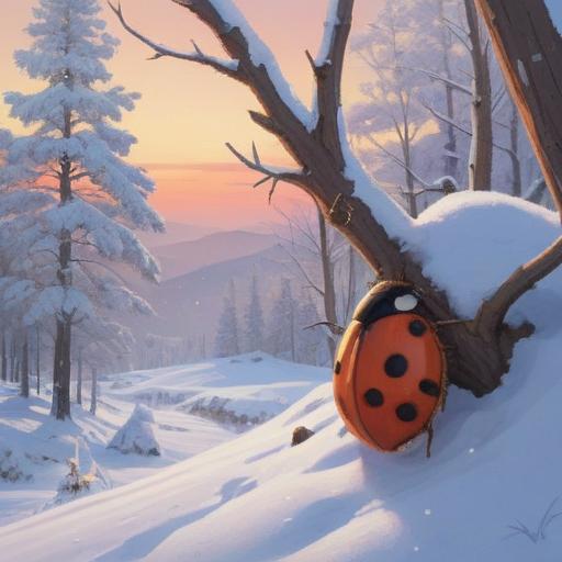 A spiritual encounter with a ladybug in winter, serene snowy landscape, soft white snow covering trees and ground, ladybug symbolizing transformation and luck, warm golden sunlight rays shining through, peaceful atmosphere, connection with nature, reflective mood, visually striking composition, 4k