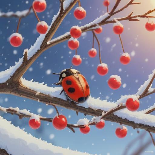 A spiritual winter scene featuring a ladybug perched on snow-covered branches, gentle snowfall, serene atmosphere, symbols of good fortune, nature intertwined with spirituality, soft light filtering through trees, winter wonderland, vibrant colors of the ladybug contrasting with white snow, enchanting aura, 4k