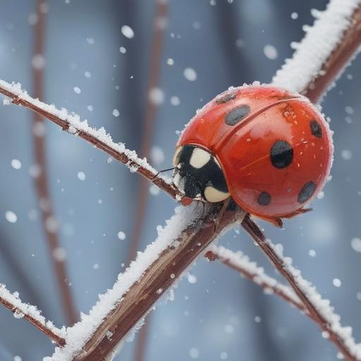 A spiritual winter scene featuring a ladybug on a snowy branch, vibrant red shell contrasting against white snow, gentle ethereal light surrounding the ladybug, symbolism of transformation and growth, serene winter forest in the background, soft snowfall, peaceful atmosphere, 4k