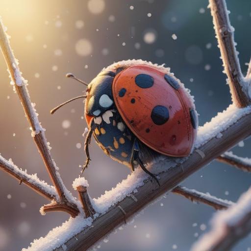 A beautiful winter scene, a ladybug gently resting on a snow-covered branch, sparkling frost all around, symbolizing good luck, soft sunlight filtering through the trees, serene atmosphere, intricate details of the ladybug and snowflakes, nature's harmony, enchanting winter colors, 4k