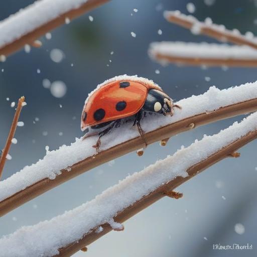 A serene winter scene, a ladybug resting on a snow-covered branch, gentle snowfall in the background, subtle light shining through frosty trees, a sense of tranquility and hope, intricate details on the ladybug's shell, soft colors and smooth textures, peaceful atmosphere, 4k