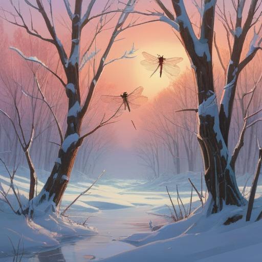 A serene winter landscape, delicate dragonflies resting on frosted branches, ethereal light illuminating the scene, symbols of transformation and change, tranquil atmosphere, soft snowflakes falling, mystical elements intertwining with nature, vibrant contrast against the winter setting, 4k