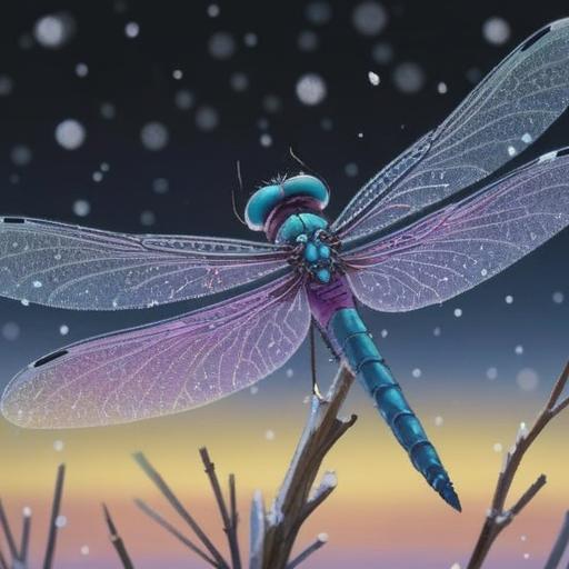 A winter dragonfly delivering spiritual good signs, gentle snowfall, serene landscape, ethereal glow, symbolic representation of hope and positivity, magical aura surrounding the dragonfly, peaceful environment, intricate details in the scene, harmonious color palette, 4k