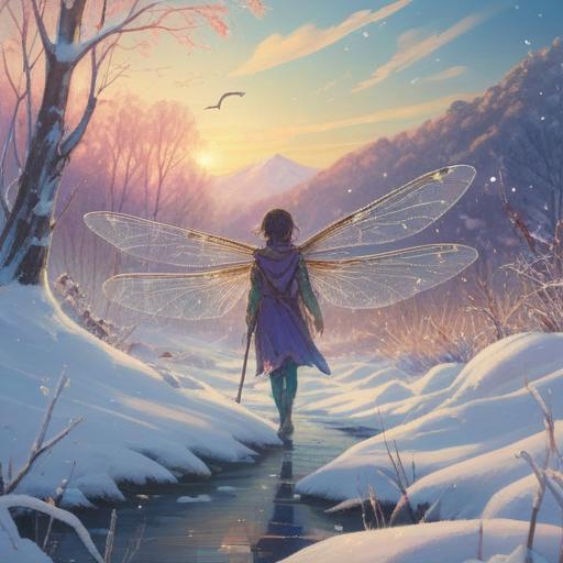 A mystical winter scene, a dragonfly hovering gracefully in the snow, ethereal snowflakes falling around, vibrant colors contrasting with the white landscape, spiritual energy radiating from the dragonfly, symbolic representation of transformation and change, serene atmosphere, 4k