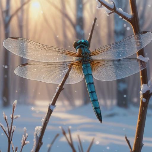 A serene winter scene, a dragonfly resting on a snow-covered branch, delicate frost on its wings, shimmering sunlight, a sense of tranquility, lucky charm symbolism, soft shadows, gentle breeze, clear blue sky, nature's beauty, peaceful atmosphere, harmonious colors