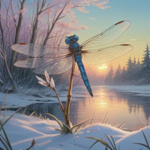 A contemplative scene featuring a dragonfly in winter, delicate frost covering its wings, serene snow-covered landscape, soft sunlight filtering through bare trees, symbolic representation of resilience and transformation, tranquil atmosphere, intricate details of the dragonfly and its environment, 4k