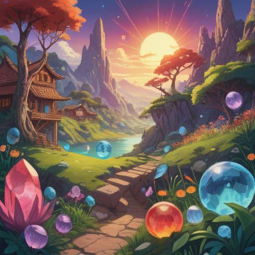 A vibrant illustration of a collection of happy energy items, assorted colorful crystals, gentle glowing orbs, a serene landscape in the background, soft sunlight filtering through trees, an inviting aura, whimsical designs, calming colors, 4k