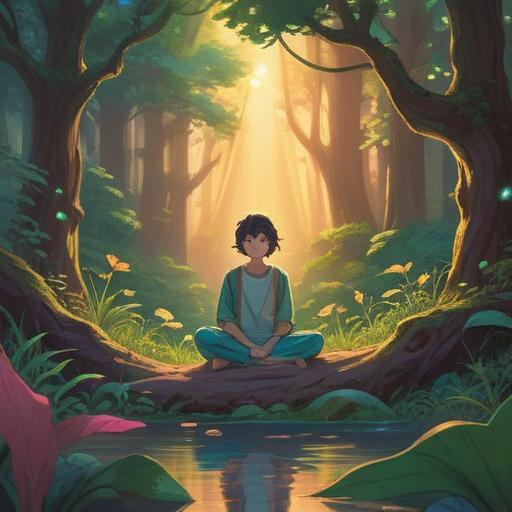 A serene illustration depicting a person in a meditative pose, surrounded by calming nature, soft light filtering through trees, ethereal glow, visual representation of spiritual growth, vibrant aura, symbolic elements like feathers and light orbs, tranquil atmosphere, emphasizing inner strength and resilience, 4k