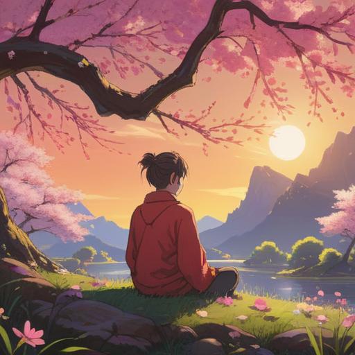 A serene landscape depicting a person meditating under a blooming cherry blossom tree, gentle sunlight filtering through the branches, vibrant petals drifting softly in the breeze, a sense of tranquility and renewal, warm colors representing positive energy, clear blue sky, harmonious nature, 4k