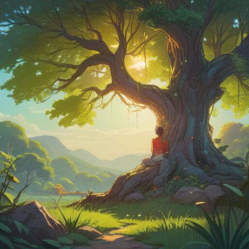 A serene and introspective scene, a person standing in a peaceful landscape, meditating under a large tree, soft sunlight filtering through the leaves, expression of contemplation, a gentle breeze, symbolic representations of past experiences swirling around, vibrant colors, calm atmosphere, 4k