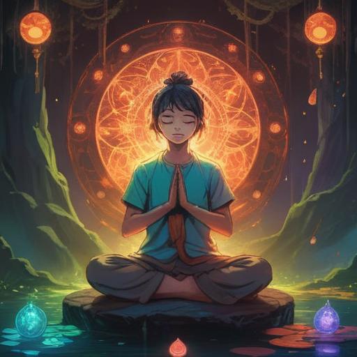 A serene and introspective scene, a person sitting peacefully in meditation, surrounded by ethereal light, symbols of spirituality like chakras and aura, a backdrop of a tranquil landscape with soft clouds, gentle rays of sunlight breaking through, a subtle sense of awareness and mindfulness, 4k