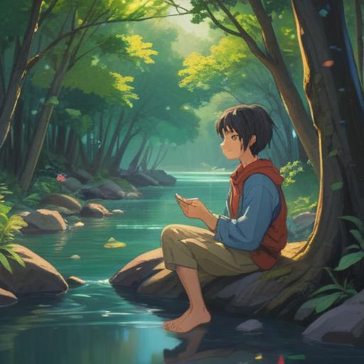A serene scene depicting a person sitting by a tranquil river, holding a small lucky charm, gentle sunlight filtering through the trees, calm water reflecting the surroundings, peaceful expression on the person's face, lush greenery, soft ripples in the water, harmonious atmosphere, 4k