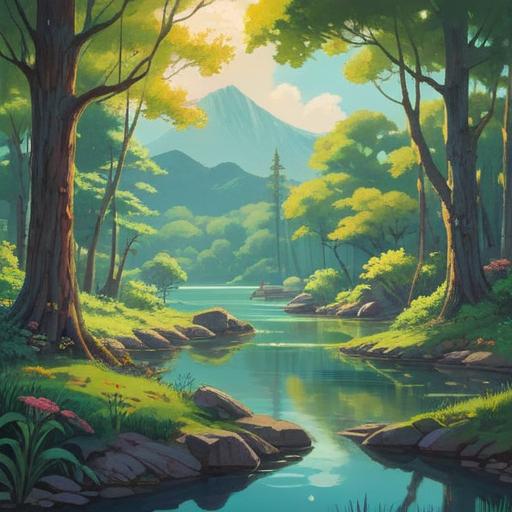 A serene scene depicting a tranquil nature landscape, a peaceful individual meditating by a calm lake, soft sunlight filtering through the trees, gentle ripples in the water, flowers blooming nearby, a feeling of harmony and balance, clear blue sky, soothing color palette, 4k