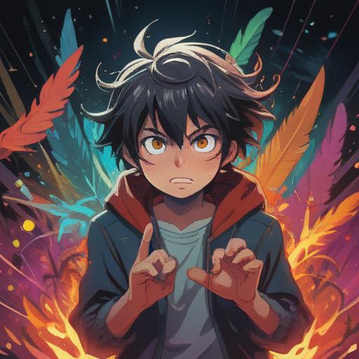 A person with an angry expression, surrounded by a glowing aura, symbolic representations of positivity, spiritual symbols like feathers and light rays, contrasting emotions depicted, vibrant colors, mystical atmosphere, inner strength visualized, 4k