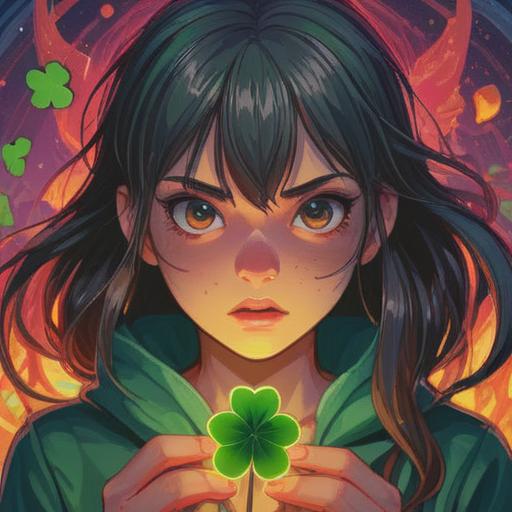 A visually striking illustration of a person holding a four-leaf clover, symbolizing luck, vibrant colors, intense facial expression of anger in the background, contrasting emotions, elements of peace and tranquility surrounding the clover, richly detailed environment, calming aura, perfect for invoking good fortune in tense situations, 4k
