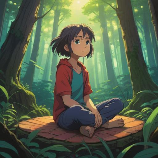 A serene and meditative scene, a person sitting cross-legged in a tranquil forest, surrounded by soft light filtering through the trees, symbols of release and forgiveness floating around, representing the letting go of anger, peaceful expression on the person's face, vibrant colors, calming atmosphere, spiritual essence, 4k