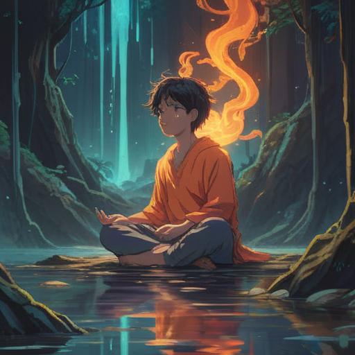 A serene scene depicting a person sitting in meditation, surrounded by a glowing aura, vibrant energy reflecting emotions, gentle waves of calming colors representing anger being transformed into positivity, soft light illuminating the expression of acceptance and understanding, nature elements like trees and water nearby, peaceful atmosphere, spiritual symbolism, harmonious balance, 4k