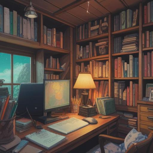 A serene and organized workspace, stacks of notebooks and papers neatly arranged, a computer screen displaying a colorful mind map, a cup of coffee beside it, warm sunlight streaming through a window, a feeling of productivity and clarity, inviting atmosphere, peaceful and inspiring setting, 4k