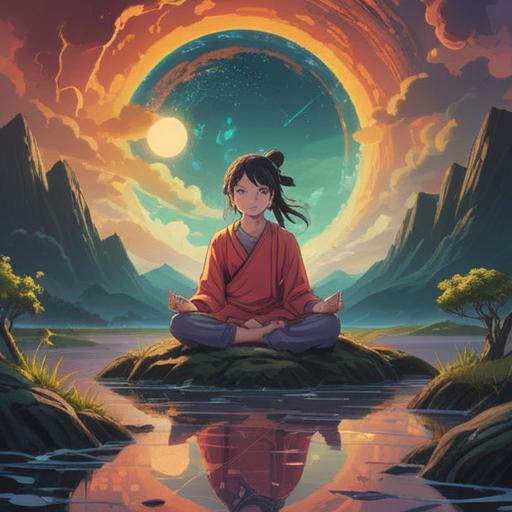 A serene and mystical scene depicting a person calmly meditating amidst a stormy landscape, vibrant energy swirling around, glowing symbols representing positive spiritual signs, contrasting emotions of anger and peace, ethereal light illuminating the face, surrounded by nature’s intensity, deep connection with the universe, 4k