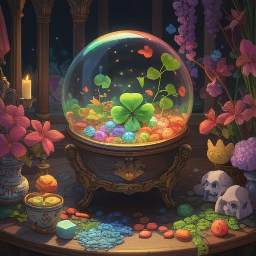 A serene still life arrangement, featuring a variety of lucky items such as a four-leaf clover, a rainbow-colored gemstone, a small lucky cat figurine, and a calming jade plant, soft lighting, gentle shadows, soothing colors, an inviting and tranquil atmosphere, intricate details, 4k