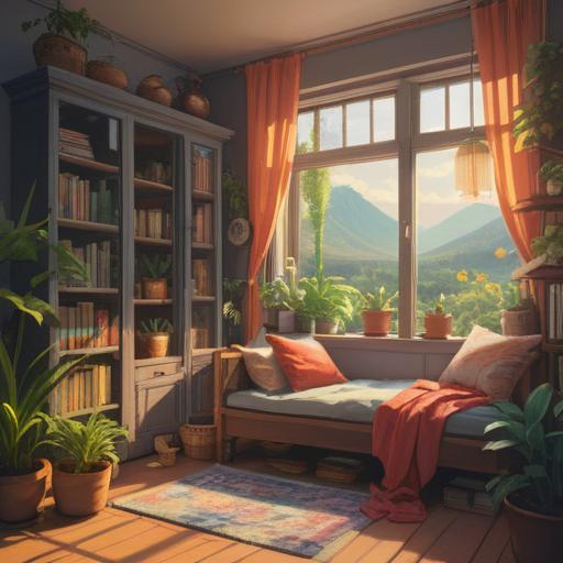 A serene home environment, a cozy reading nook by the window, plants surrounding, warm sunlight streaming in, a person practicing mindfulness with a cup of tea, calming atmosphere, soft textures, tranquil scene, illustrations of nature elements, 4k