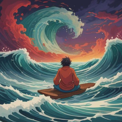 A vibrant and dynamic illustration depicting the spiritual meaning of waves of anger, swirling energy patterns, a figure meditating amidst turbulent waves, contrasting colors of red and blue to symbolize anger and tranquility, ethereal light emanating from the figure, abstract representation of emotional release and transformation, intricately detailed background with mystical elements, serene yet powerful atmosphere, 4k
