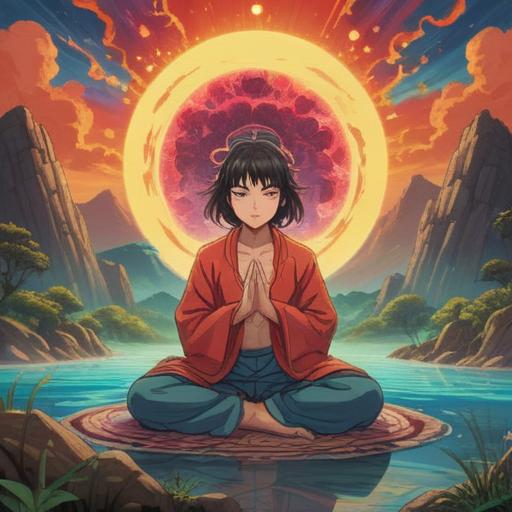 A powerful and serene illustration depicting the release of anger, vibrant energy radiating from a figure meditating in a tranquil landscape, swirling clouds symbolizing emotional turmoil transforming into a peaceful aura, light breaking through shadows, harmonious balance of nature, an ethereal glow surrounding the figure, deep spiritual significance, 4k