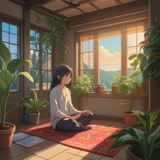 A serene morning routine scene, gentle sunlight streaming through the window, a person practicing meditation on a cozy mat, surrounded by plants and books, calming tea set on a table, soft ambient atmosphere, mindfulness and tranquility, peaceful expressions, 4k
